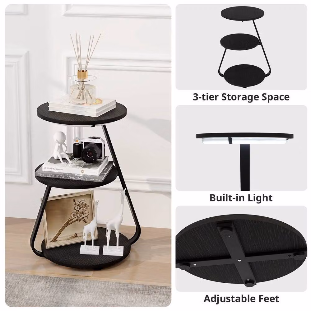 EONLION 3-Tier LED Lighted Side Table with Storage in Black – 3
