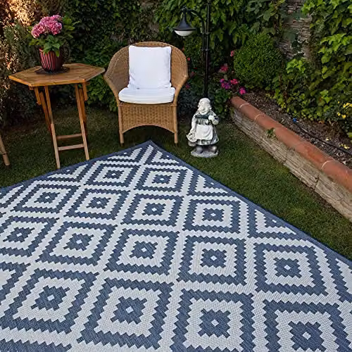 THE RUGS Blue and White Geometric Diamond Outdoor and Indoor Rug, W: 200 cm, D: 290 cm – 10