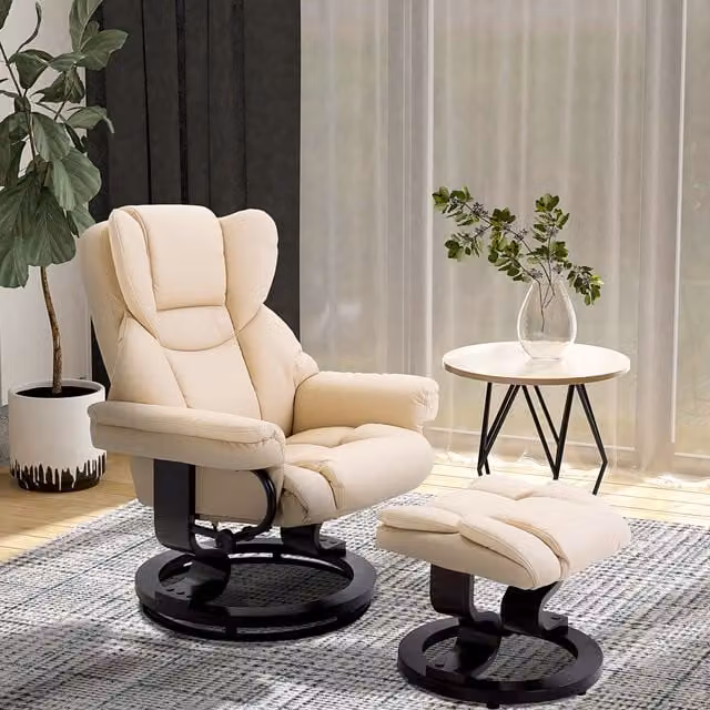 HOMCOM Modern Manual Reclining Armchair with Integrated Ottoman in Beige Synthetic Leather – 1