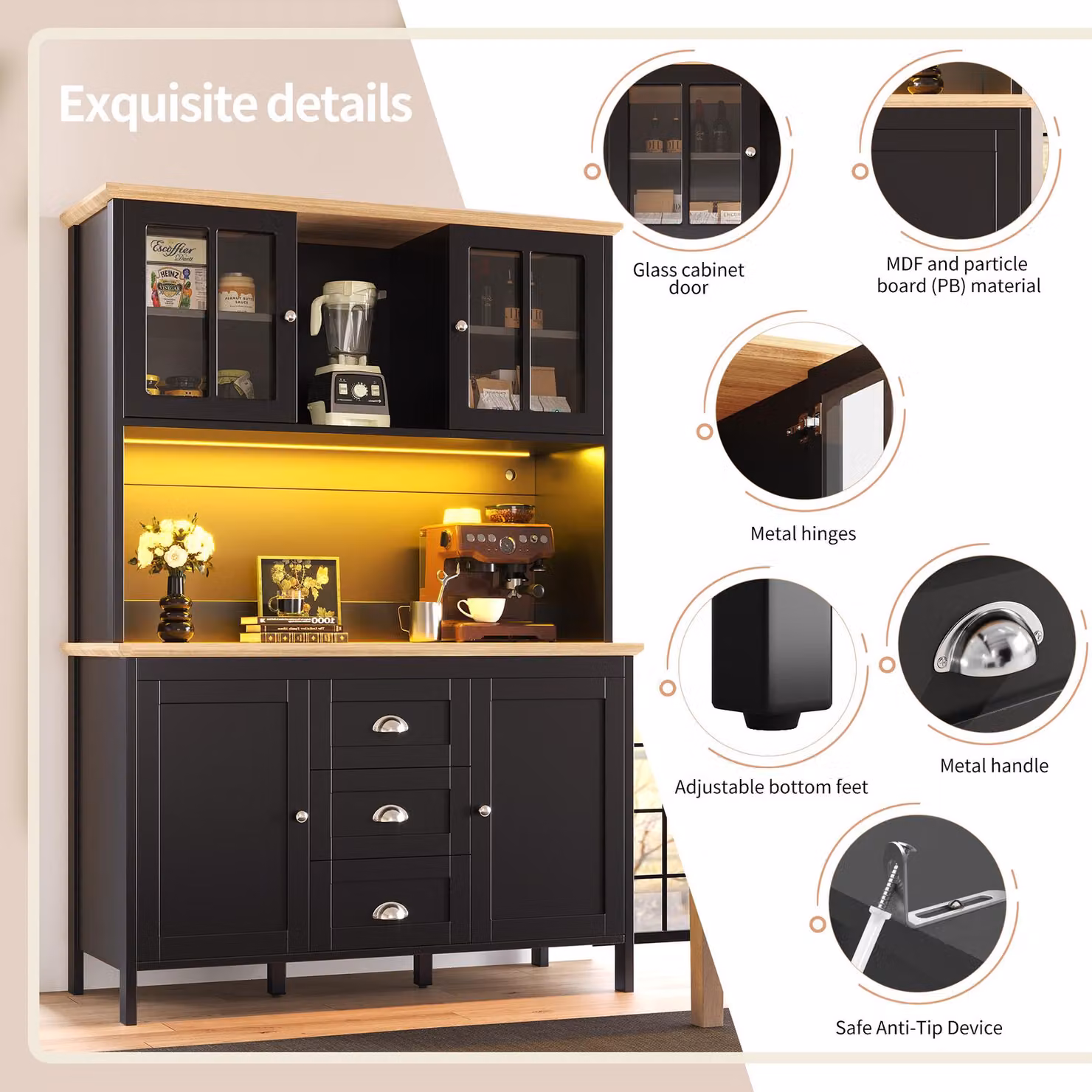 Aosom UK Tall Sideboard with 4 Doors, 3 Drawers and Open Shelf, Modern Black Storage Cabinet for Kitchen and Living Area, W: 120 cm, D: 40 cm, H: 179 cm – 4