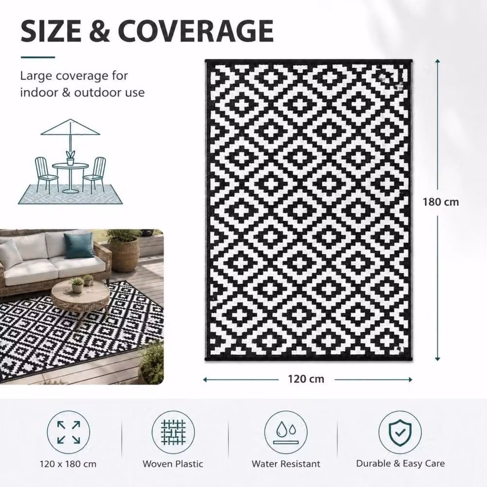 Pawnora Black and White Geometric Outdoor Patio Rug, W/D: 120 x 180 cm – 2
