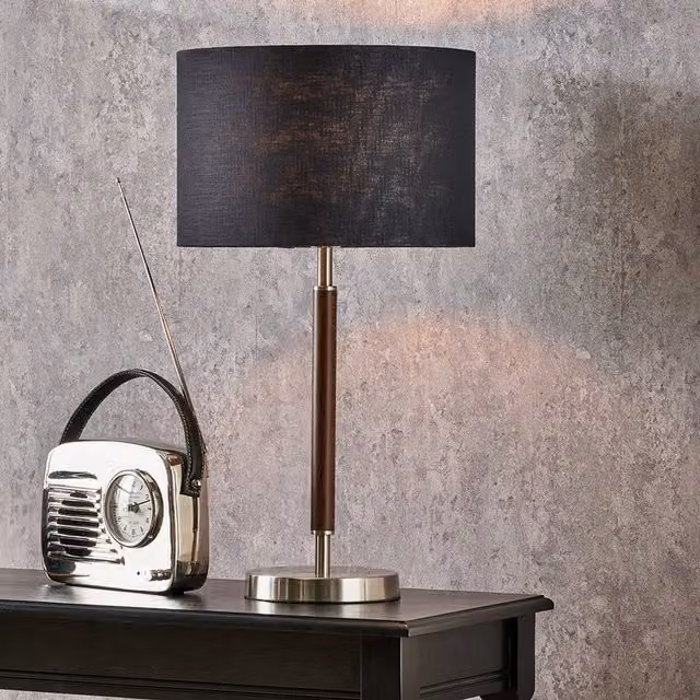 Pacific Lifestyle Modern Wood Effect Table Lamp with Fabric Shade in Silver and Black
