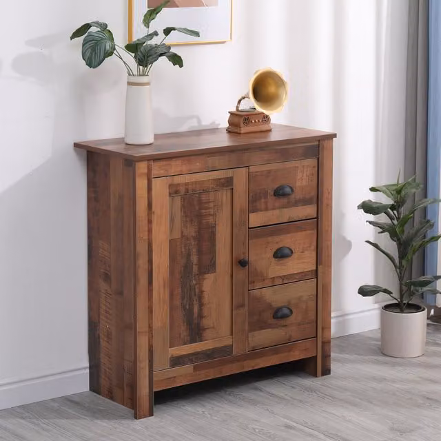 HMD Furniture Match Brown Rustic Wooden Living Room Cabinet with 1 Door and 3 Drawers