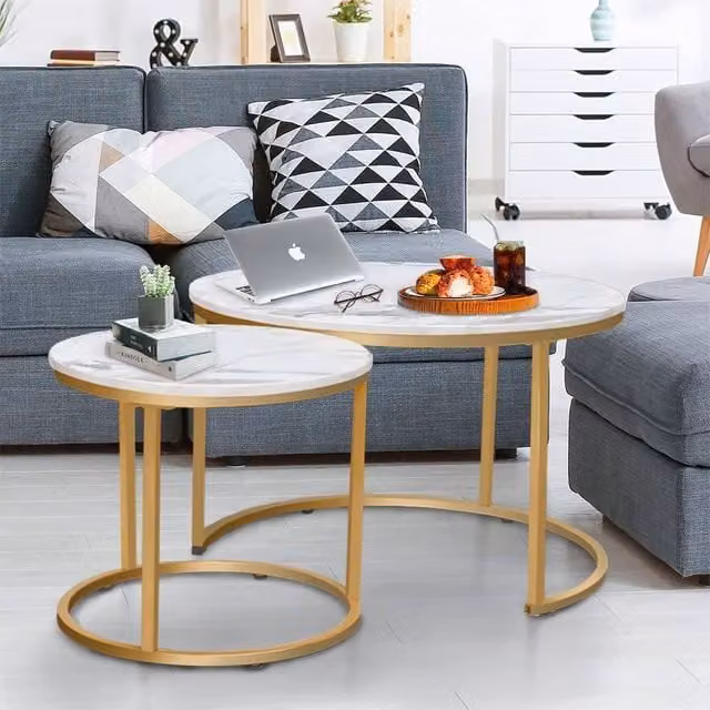 Huhote Set of 2 Round Nesting Coffee and End Tables with Gold Metal Frame and Marble Finish – 1