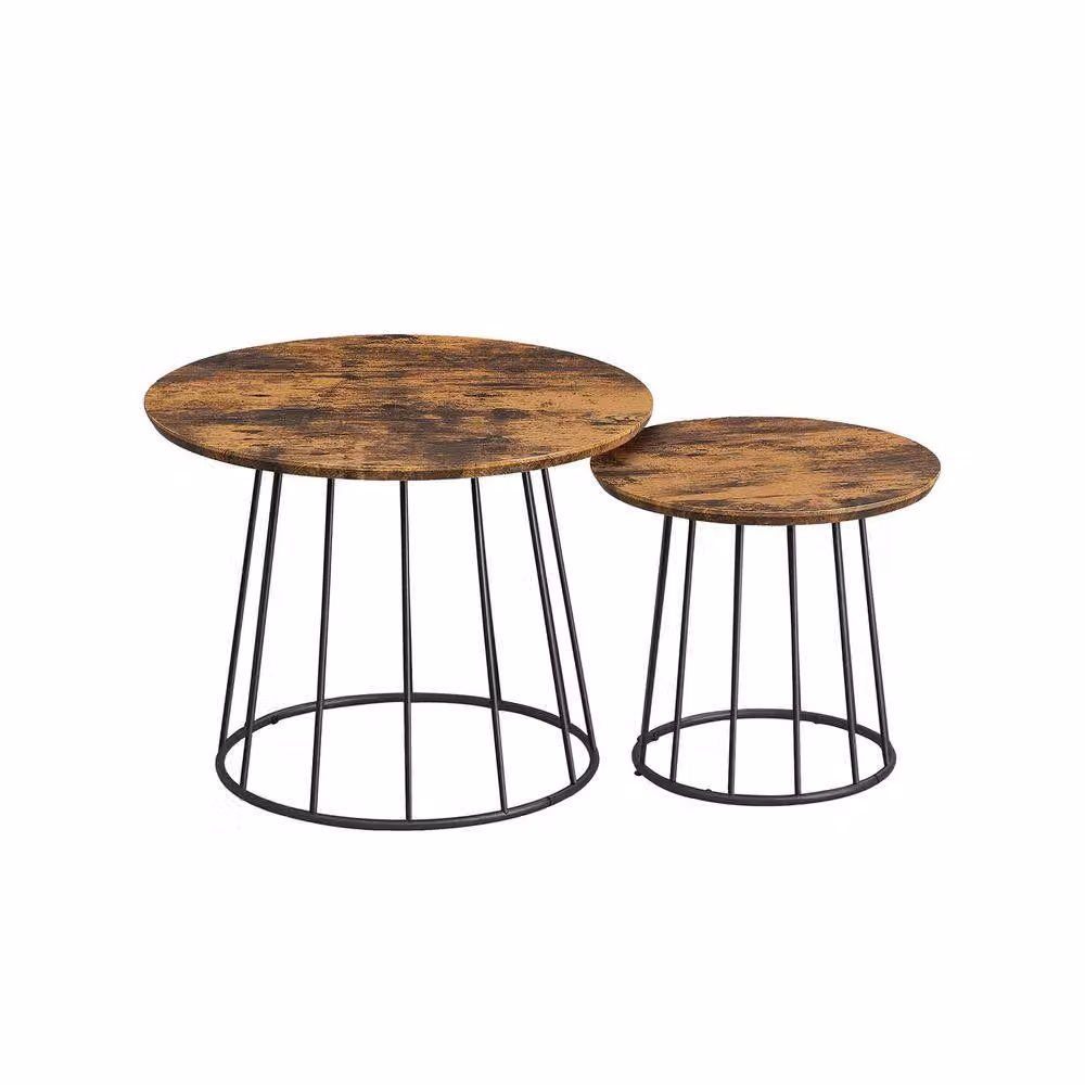 Pirlo Plush Set of 2 Industrial Round Coffee Centre Accent Tables in Brown – 3