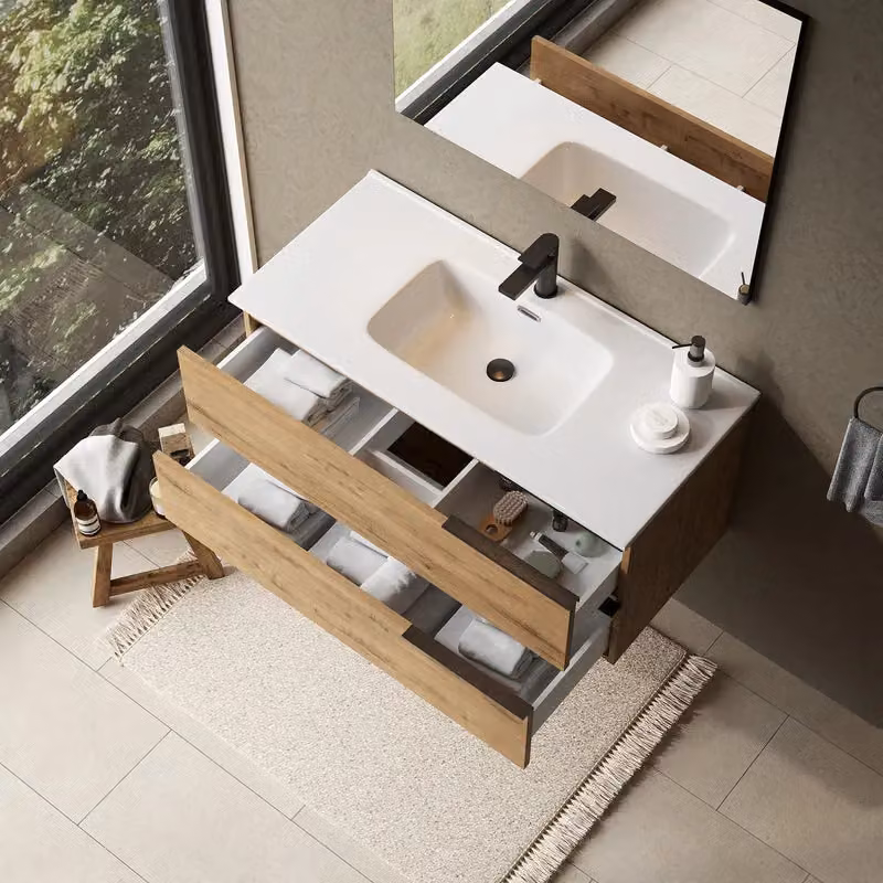 Banyetti Celtic 1000mm Wall Hung Bathroom Vanity Unit with Athena Basin in Light Oak Ostippo W: 100 cm, D: 45 cm, H: 45 cm – 3
