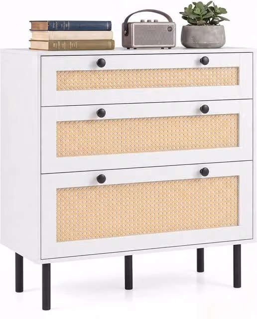 Gymax Boho Rattan Modern Chest of Drawers with 5 Metal Legs in White, Width: 75 cm