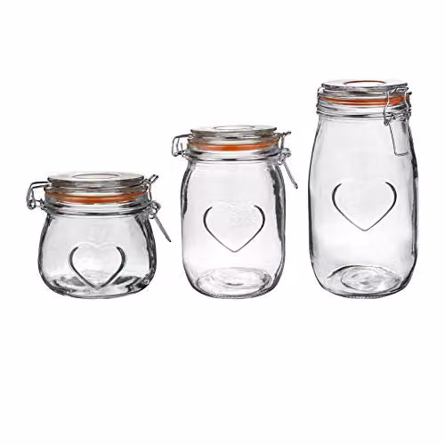 Nicola Spring Heart Design Glass Food Storage Jars with Orange Silicone Seals, Set of 3