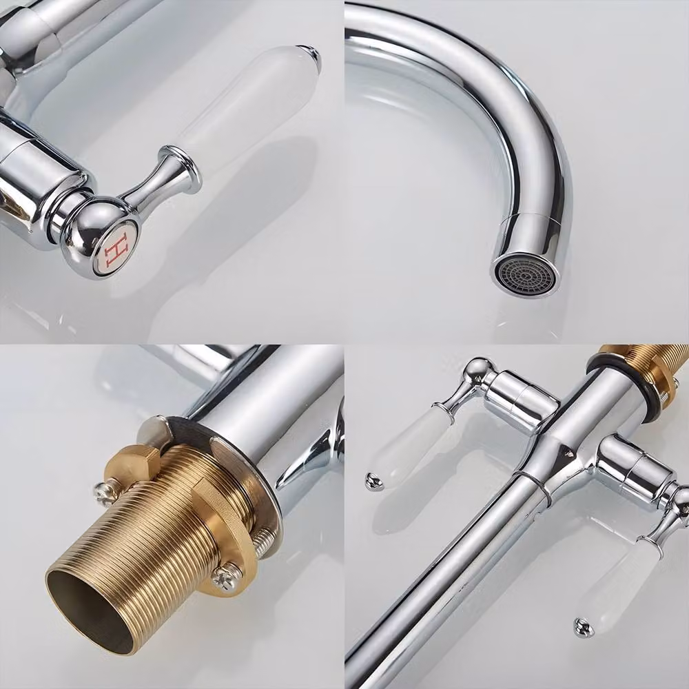 Heable Sleek Kitchen Mixer Tap with White Ceramic Dual Levers and Silver Chrome Swivel Spout – 2
