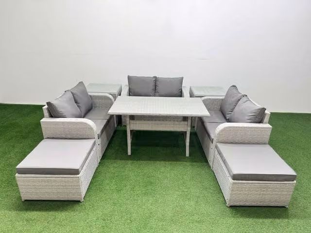 Fimous 8 Seater PE Wicker Rattan Garden Furniture Set in Light Grey with Rectangular Dining Table, 2 Seater Love Sofa, 2 Footstools and 2 Side Tables