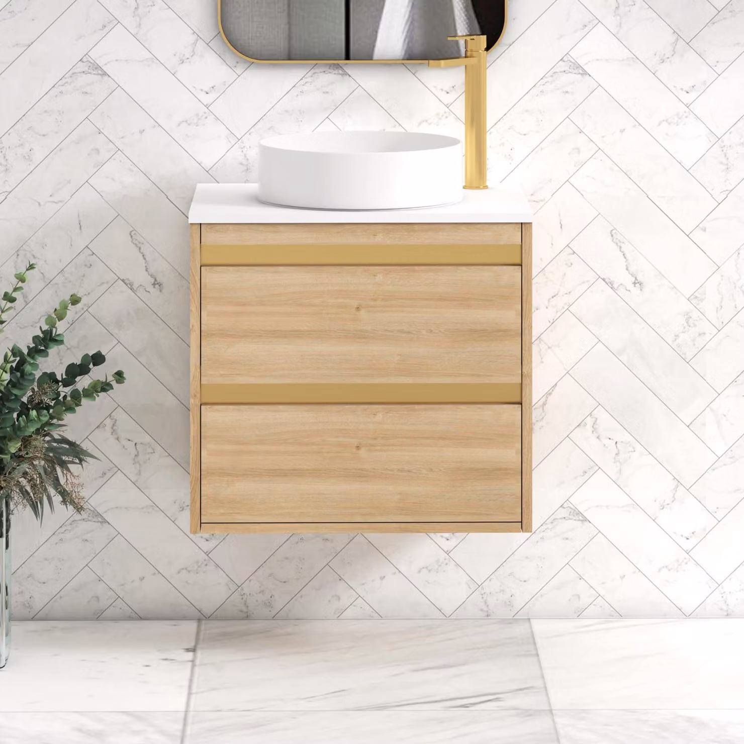 Royal Bathrooms Orion 600mm Natural Oak Wall Hung Vanity Unit with Plain White Countertop, Art Basin and Brushed Brass Accent Trim