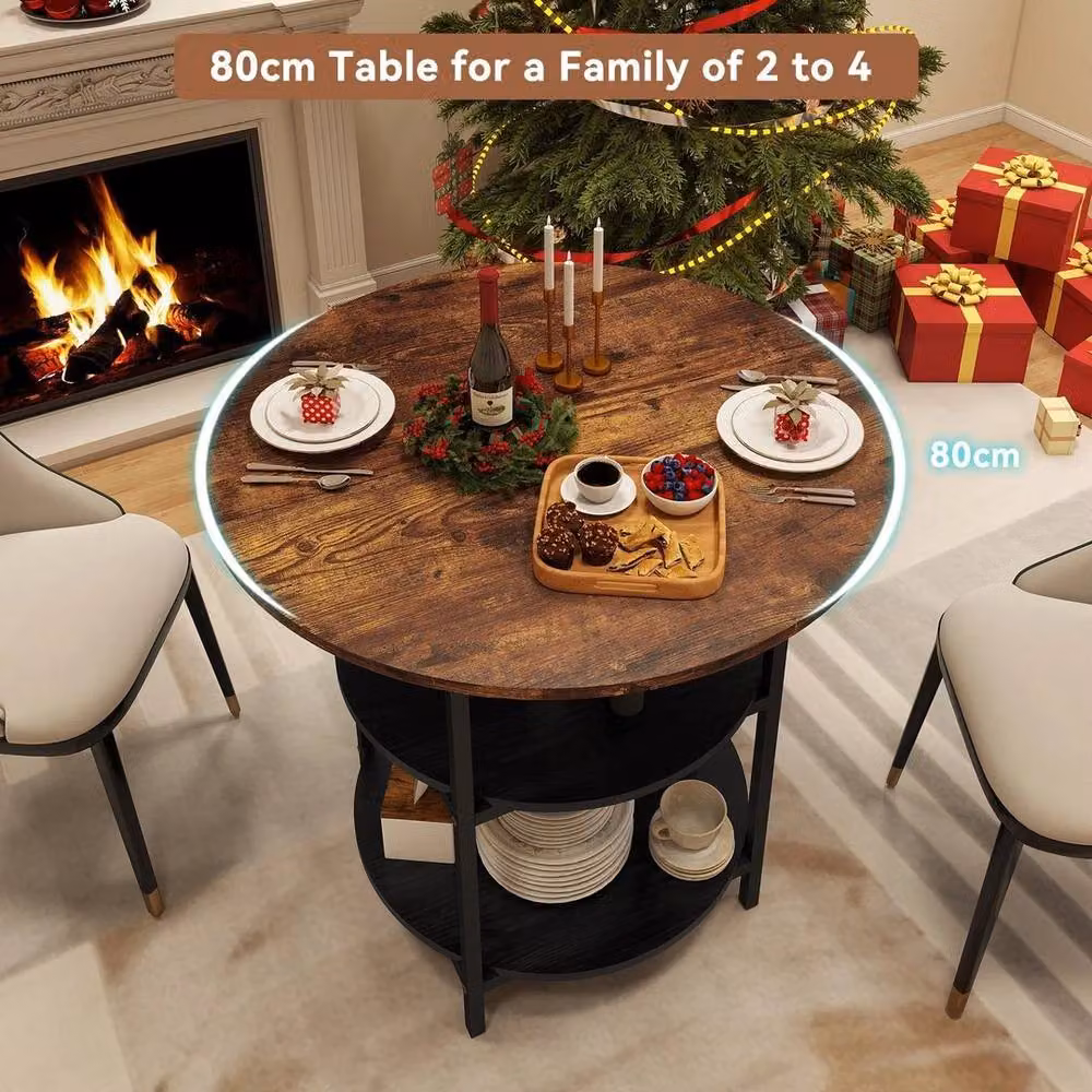 KORVIXA Modern Round Wood Dining Table with Storage in Brown and Black, Diameter: 100 cm – 4