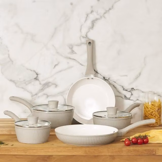 Haden 5 Piece Grey Ribbed Ceramic Cookware Set with Glass Lids