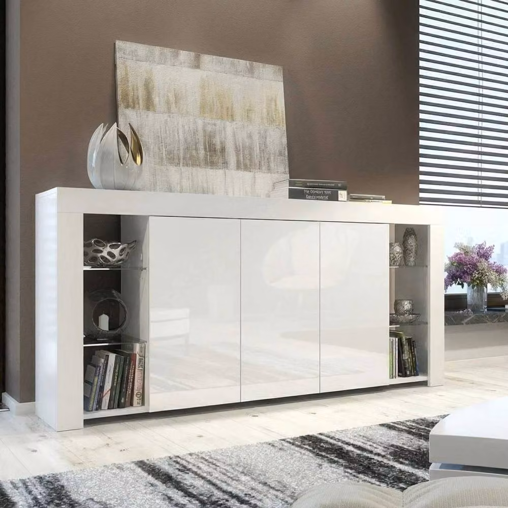 PAWNORA Modern Glossy White Sideboard TV Unit and Display Storage Cabinet with Glass – 2