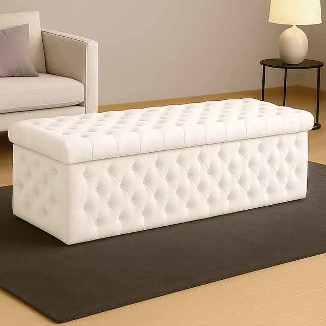R&M Furnishers Wide Lux Chesterfield Ottoman Storage Box in Silver and White Velvet