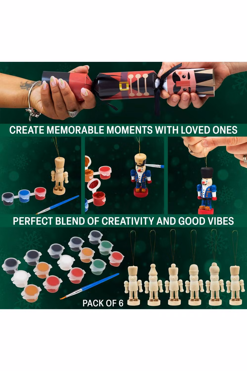 KreativeKraft 6 Pack Red Paint Your Own Nutcracker Christmas Crackers with Multicolour Star and Animal Decorations – 9