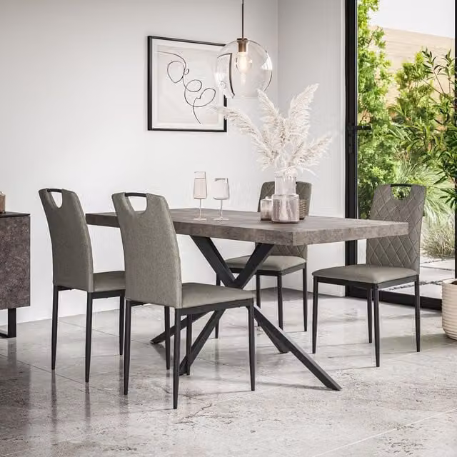 More4Homes Donni Dining Table and 4 Monza Linen Dining Chairs Set, Concrete Effect Table Top with Black Legs and Grey Chairs – 1