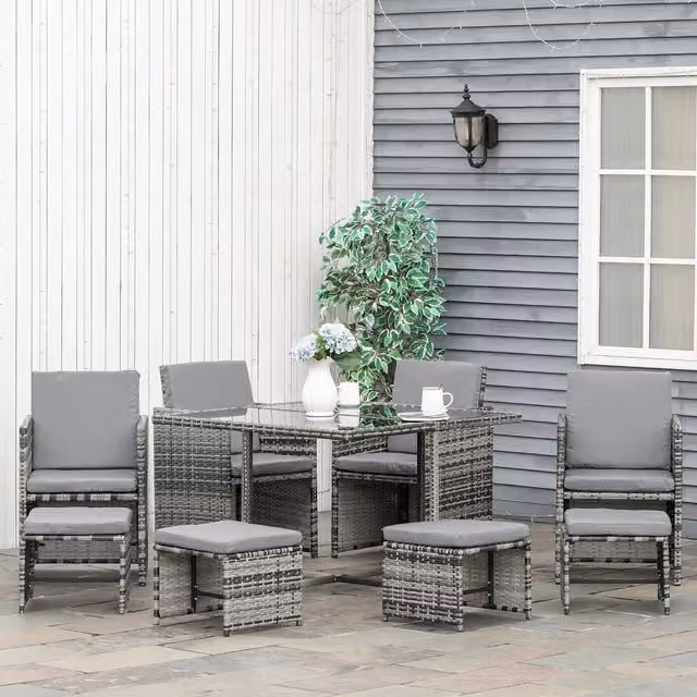 Outsunny 9 Piece Rattan Garden Furniture Set with Glass Top Dining Table in Grey