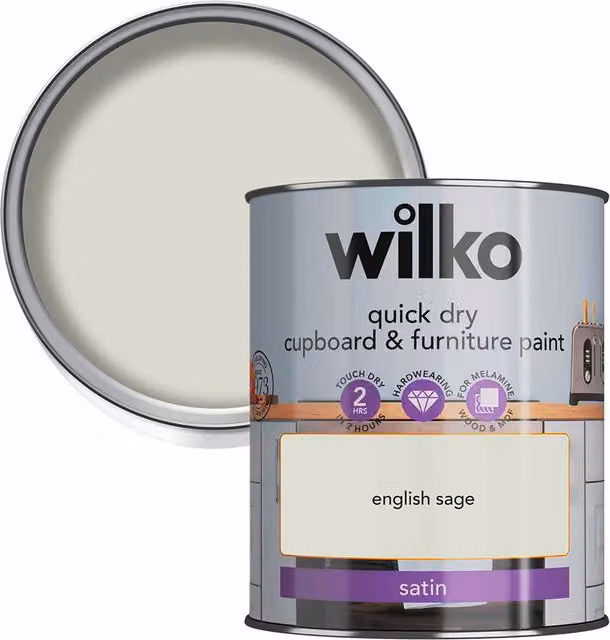 wilko Quick Dry Satin Furniture and Cupboard Paint, English Sage, 750ml