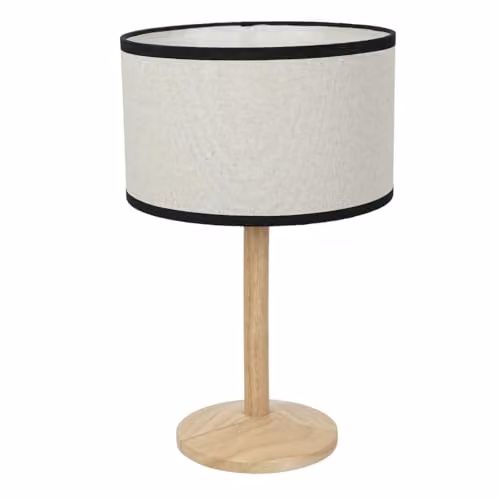 ValueLights Single Stem Natural Wood Table Lamp with Black Trim White Linen Drum Shade and Included LED Bulb