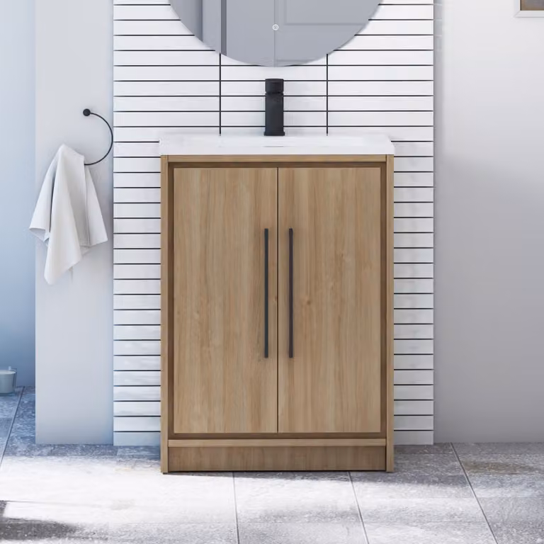 Livora Natural Oak 600mm Floor Standing 2 Door Bathroom Vanity Unit with Soft Close Doors