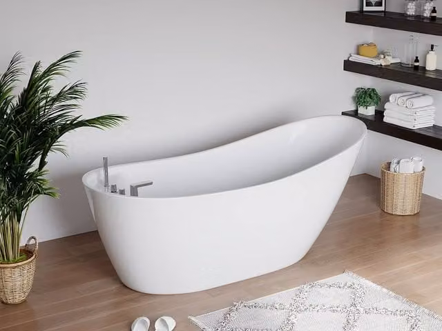 Vente-unique White Oval Freestanding Acrylic Bathtub with Tap, W/D/H: 170 x 75 x 73 cm