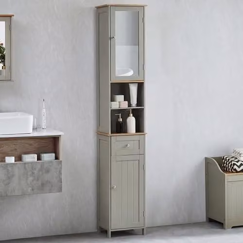 Bath Vida Priano 2 Door Tall Bathroom Floor Cabinet with Mirror, Grey, H 190 x W 35 x D 30 cm