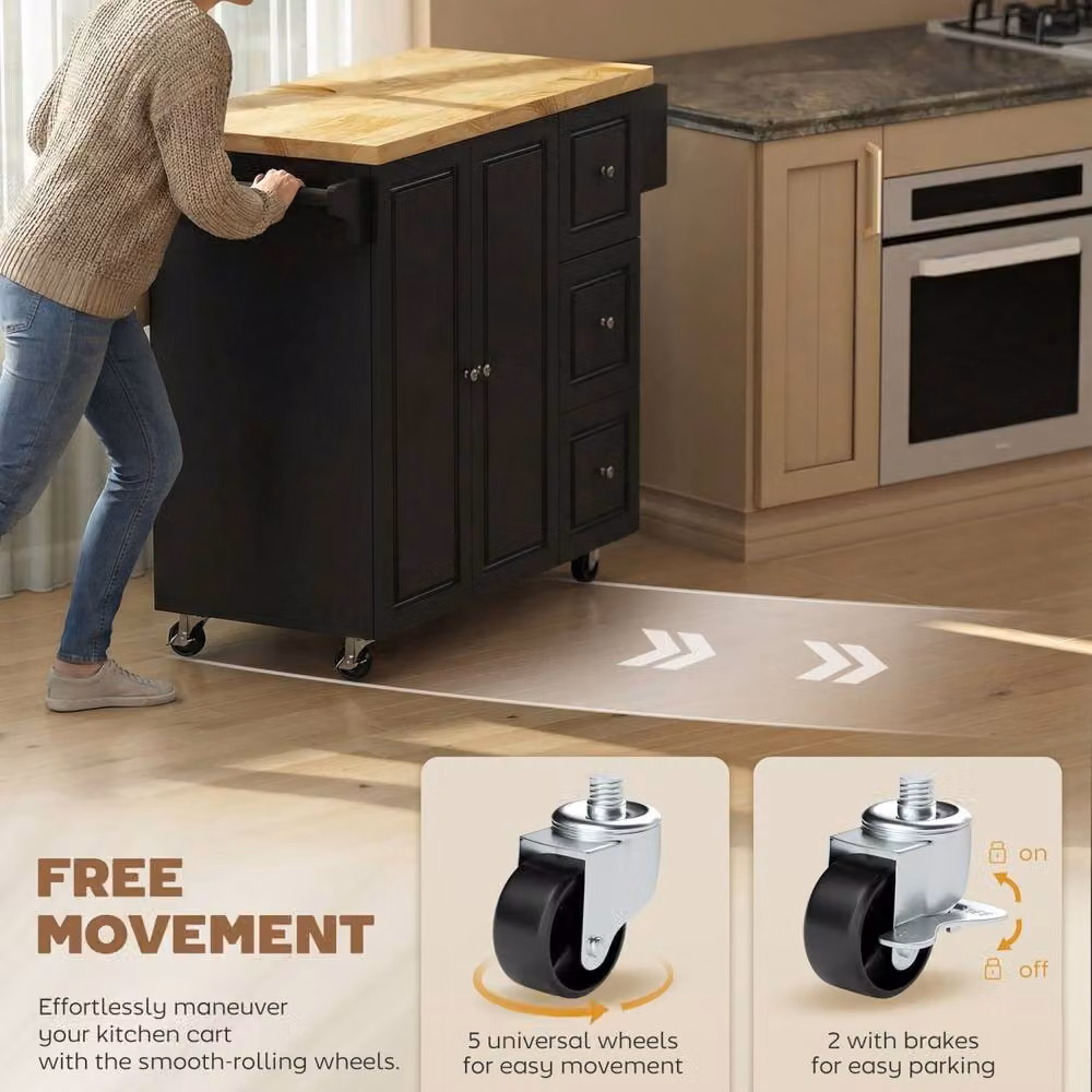 Wyld Haus Black Rolling Kitchen Island with Drop Leaf, Drawers, Towel and Spice Racks, W/D/H: 89 x 45 x 45 cm – 6