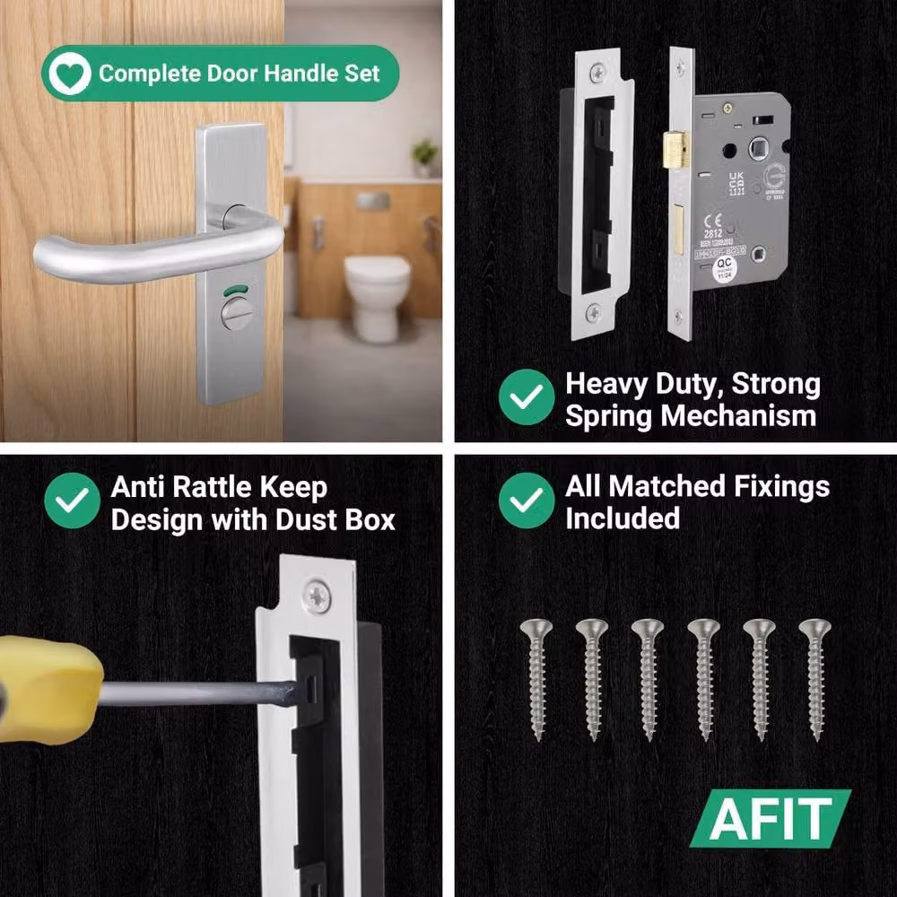 AFIT Satin Steel Return to Door Lever Backplate Bathroom Lock Kit in Silver, W/D/H: 150 x 150 x 64 mm – 3