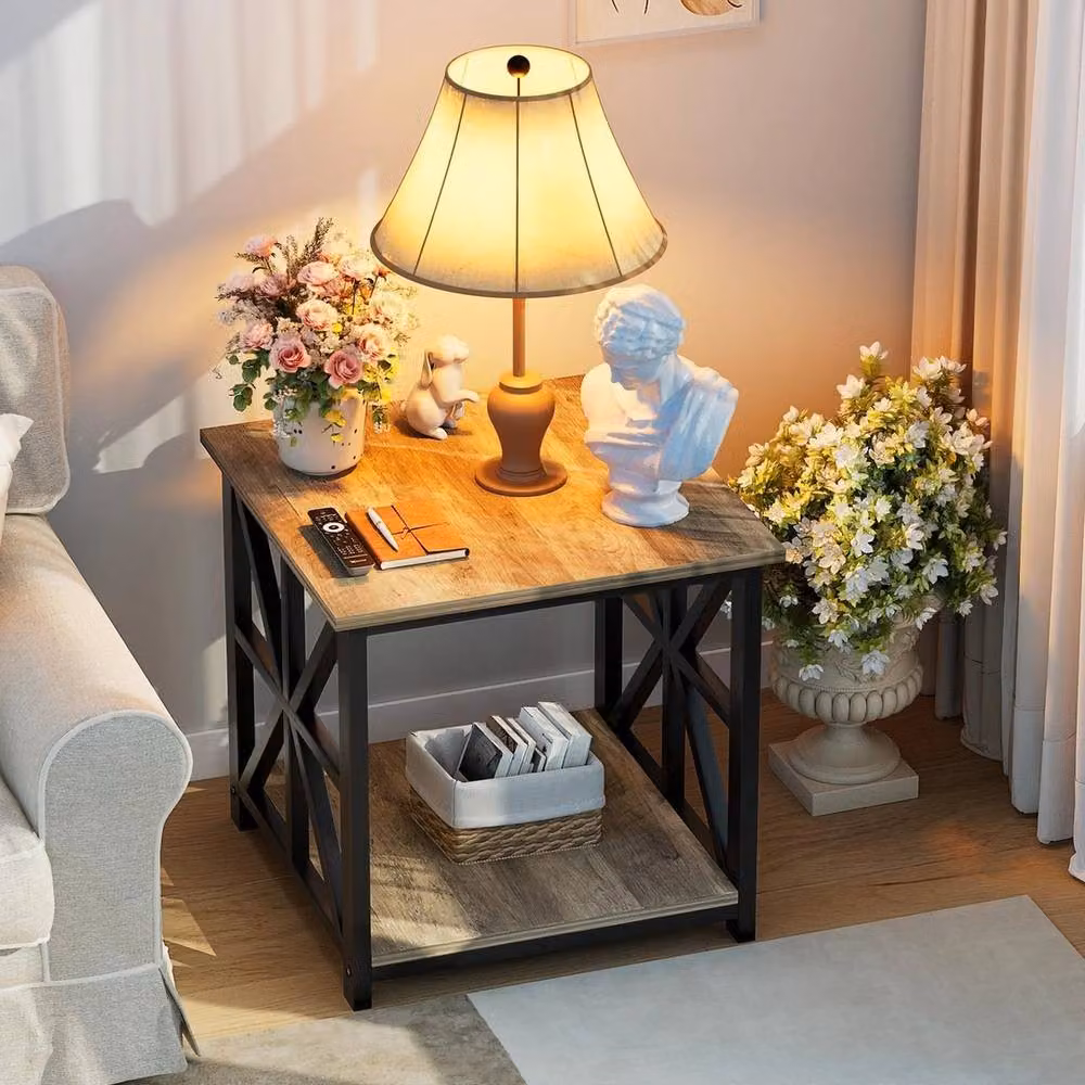FORGEVIO GreenForest Industrial Side Table with 2-Tier Storage, Brown and Green – 3