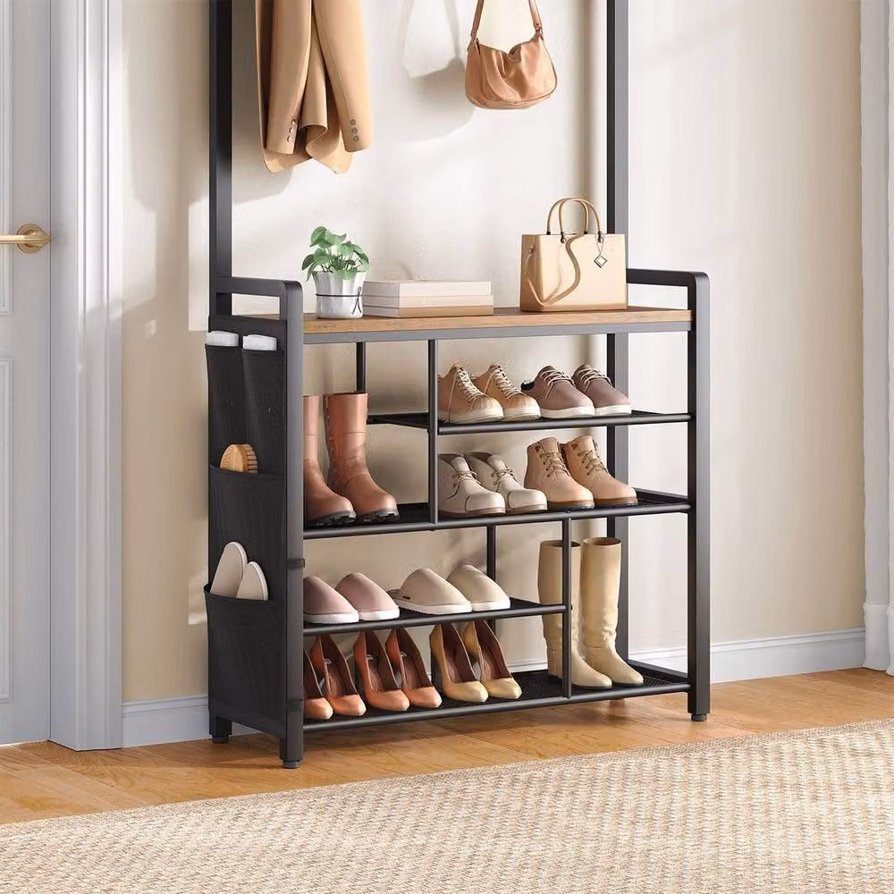 NESTLUNE Industrial Hall Tree with Bench and Shoe Storage, Black – 5