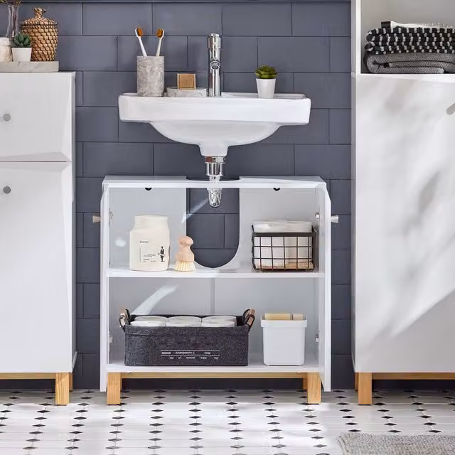 SoBuy Freestanding Under Sink Bathroom Cabinet in White with Hinged Doors and Internal Shelves