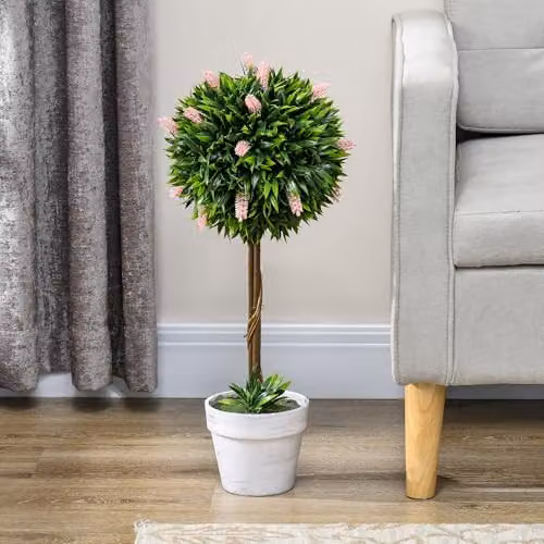 HOMCOM Set of 2 Pink and Green Artificial Floral Ball Trees, Height: 60 cm – 4