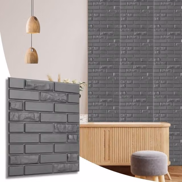 NOVECRAFTO Grey PVC 3D Wall Panels in Urban Brick Design, W/D: 50 x 50 cm, Pack of 6