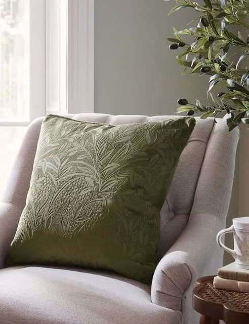 Laura Ashley Green Velvet Floral Square Cushion
