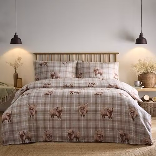 Portfolio Home Highland Cow Tartan Plaid Bedding Set in Natural Sand and Beige, Duvet Cover and Pillowcases, W/D/H: 200 x 200 cm and 50 x 70 cm