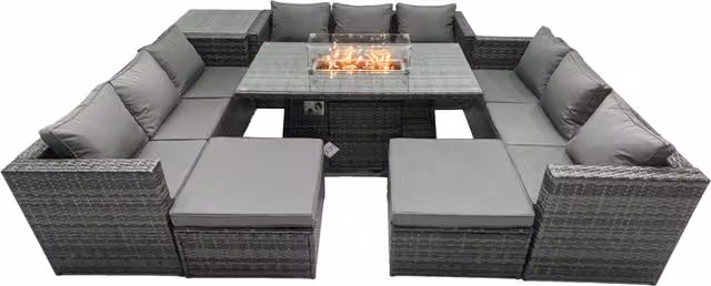 Fimous 10 Seater Rattan Garden Furniture Firepit Set with Glass Top Dining Table and Side Tables in Dark Grey