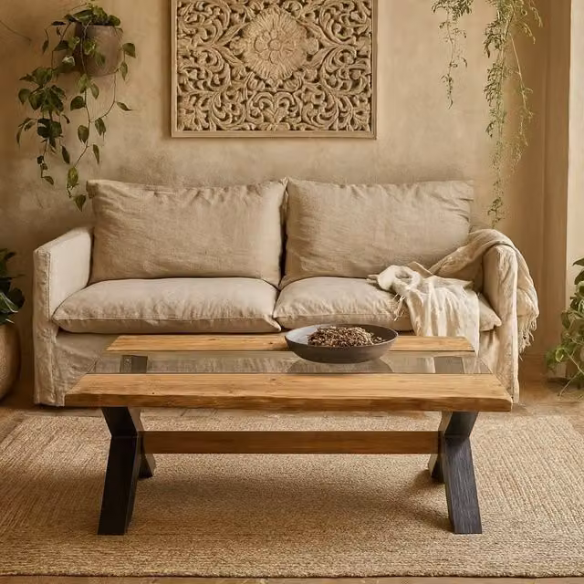 Wyld Haus Vouvant Live Edge Mango Wood and Glass Coffee Table with Black X Frame Base in Natural, W/D/H: 70 x 45 x 39.6 cm – 1
