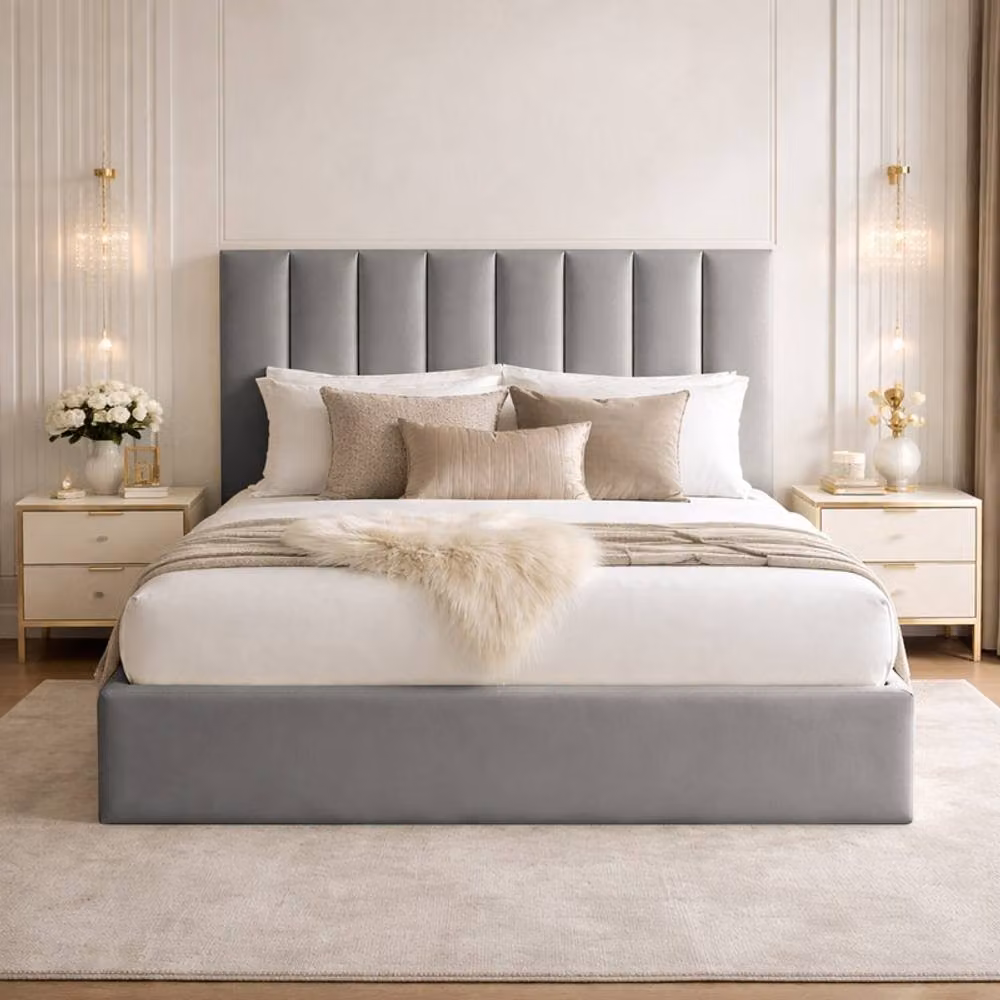 Desire Deco Plush Velvet Suenna Ottoman Storage Bed Frame in Grey, Small Double – 1