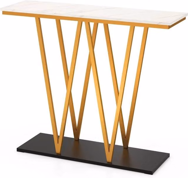 KORVIXA Modern Accent Console Table with Faux Marble Top and Gold Metal X-Frame, W/D/H: 100 x 100 x 100 cm