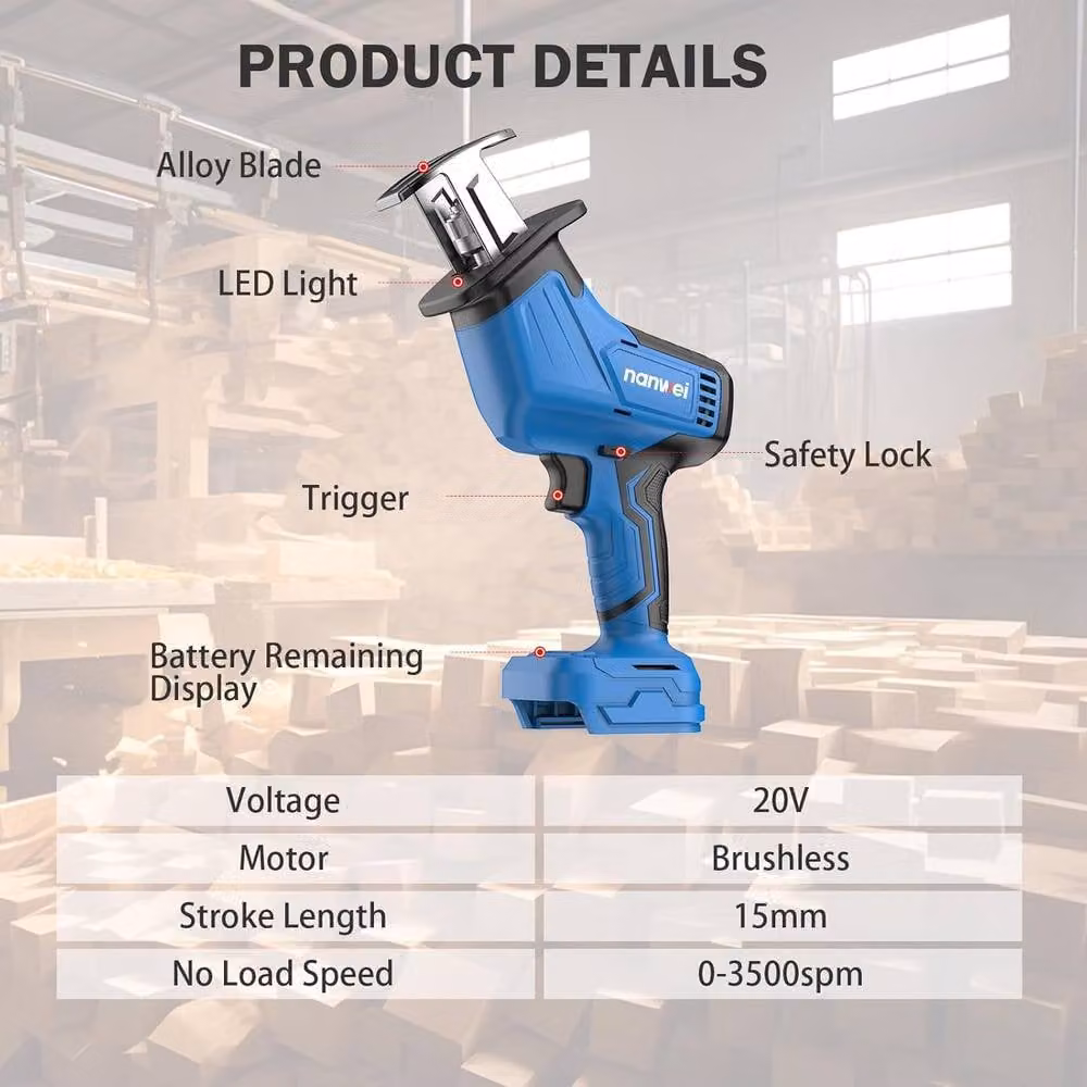NANWEI 20V Cordless Reciprocating Saw with 2 Rechargeable Batteries and Charger, Blue/Multicolour – 5