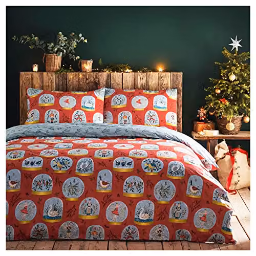Riva Home Twelve Days of Christmas Reversible Duvet Cover and Pillowcase Set, Red, King Size, W/D/H: 180 x 200 cm, Pillowcases: 50 x 75 cm