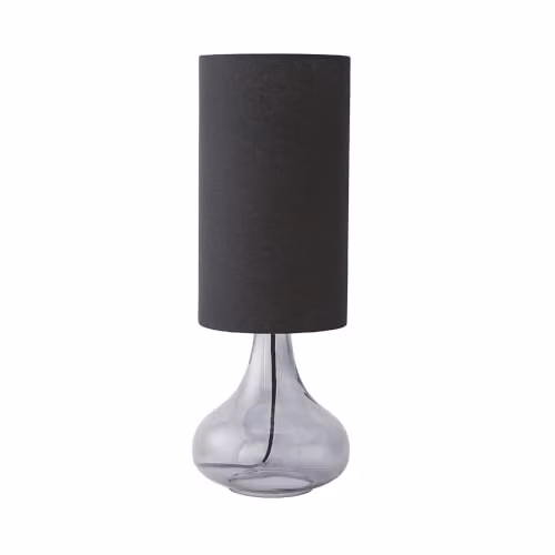 ValueLights Sylvie Black Linen Tall Shade Smoked Glass Squat Table Lamp with LED Bulb – 1