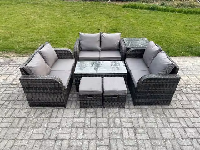 Fimous 8 Seater Rattan Garden Furniture Set in Dark Grey with Upholstered Cushions, Coffee Table, 2 Seater Sofa, Side Table and 2 Footstools