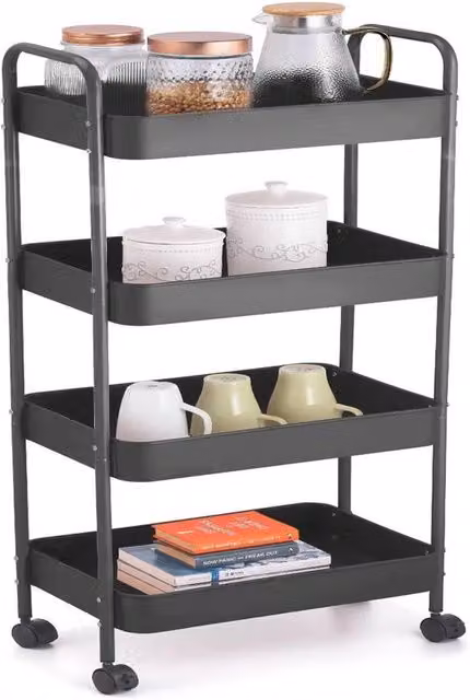 EONLION 4 Tier Slim Plastic Storage Trolley Cart with Castors, Black, W: 29.5 cm, D: 44.5 cm, H: 105 cm – 1