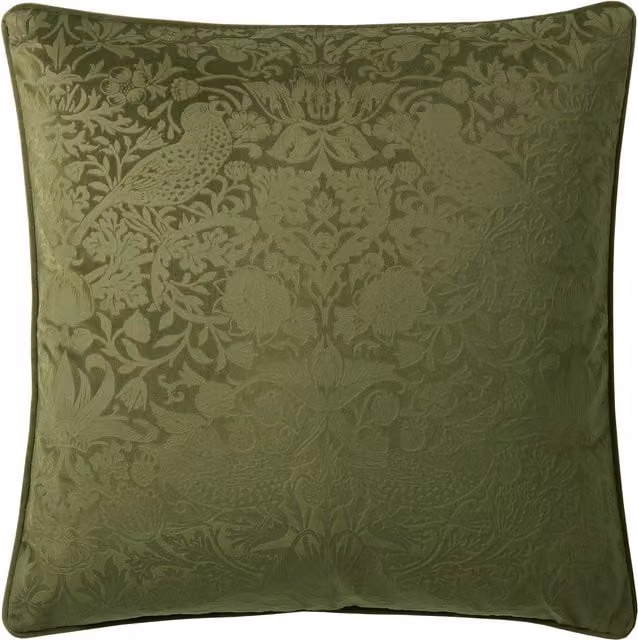 William Morris At Home Strawberry Thief Velvet Embossed Microfibre Filled Square Cushion, Green, W/D/H: 50 x 50 x 50 cm