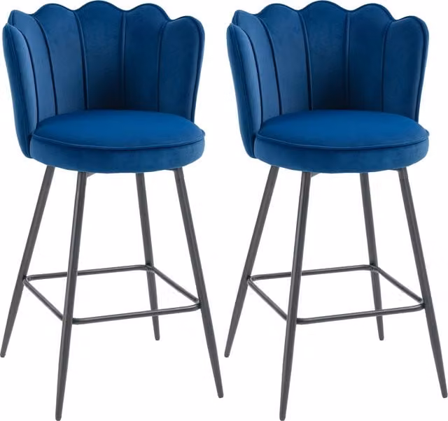 HOMCOM Set of Two Modern Lotus Bar Stools in Blue Velvet Fabric with Metal Legs