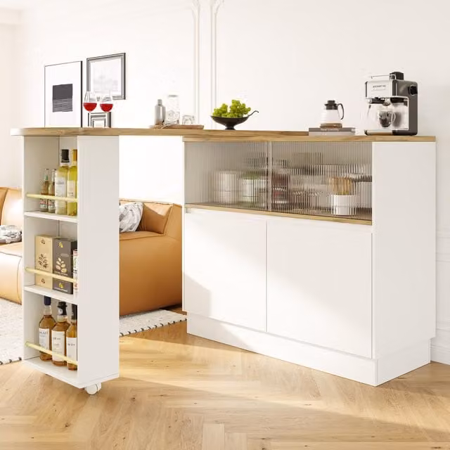 Aosom UK 360° Rotating Bar Cabinet Table with Sliding Glass Doors and Open Shelves, White, W/D/H: 120 x 90 x 100 cm