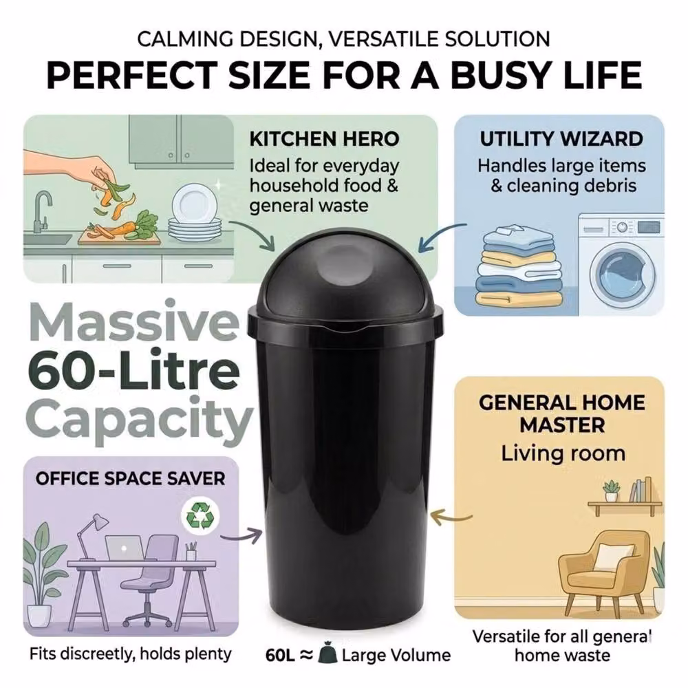 Bedsland 60L Black Plastic Swing Lid Kitchen Bin – 2