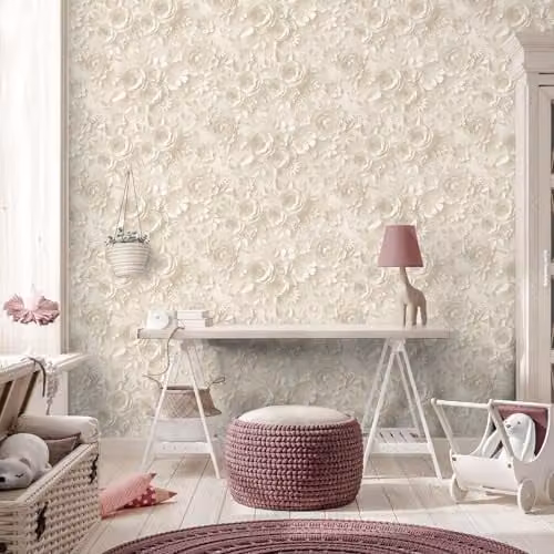 Muriva My Kingdom Origami Flowers 3D Textured Floral Wallpaper in Beige, Yellow and White